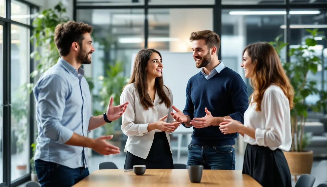 A group of young professionals in a casual office environment are engaged in a collaborative discussion, emphasizing the importance of workplace culture and employee well-being. Their interaction reflects a focus on clear communication and strengthening personal relationships, essential for enhancing employee engagement and navigating the evolving landscape of work life balance.